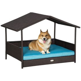 Wicker Pet House Dog Bed for Indoor/Outdoor Rattan Furniture with Cushion (Color: Blue)